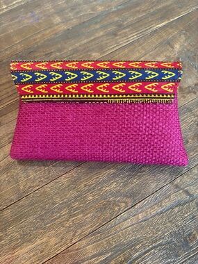 Handwoven Pink Woven Fold-Over Clutch with Colorful Trim
